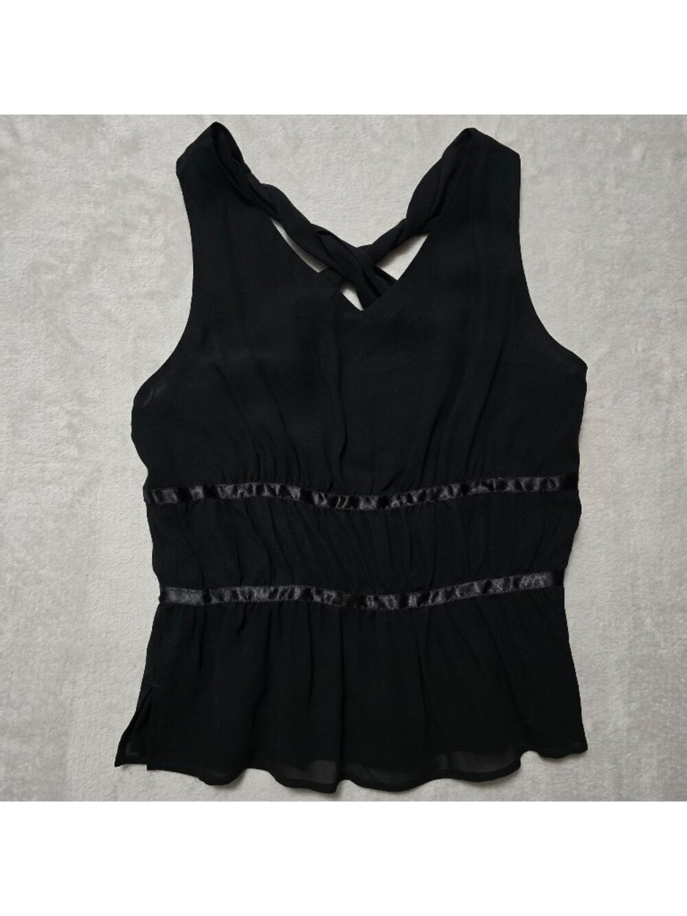 Y2k Q.U.E. Womens Black Silk Chiffon Sleeveless Twist Back Satin Trim Top 10
